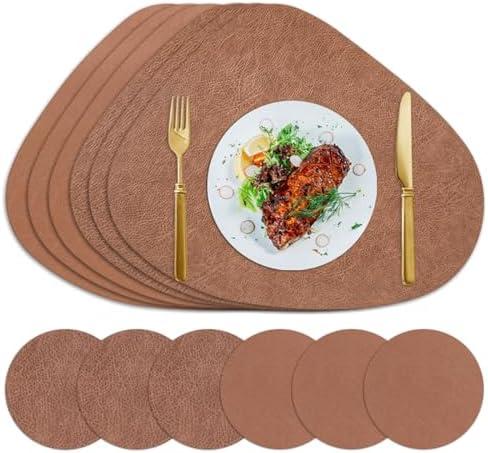 Lussenwert Faux Leather Placemats Set of 6 Waterproof Dual-Sided Placemats Heat Resistant Wipeable Place Mats with Coasters Non-Slip Dining Table Mats for Indoor Outdoor Orange