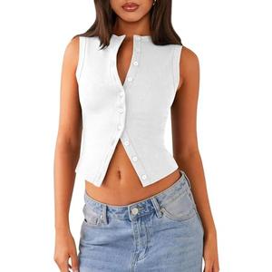 VOROFY Women's Button Down Tank Tops Cropped Ribbed Knit Summer Vest Sleeveless Slim Fit Y2K Going Out Tops (White-XL)