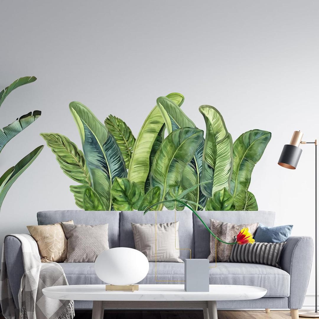 Giant Tropical Palm Leaf Wall Stickers Peel and Stick - Tropical Green Leaves Wall Decals Removable - Vinyl Jungle Wall Decal Decor for Living Room Bedroom Bathroom