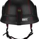 Yesmotor Motorcycle Half Helmet Retro German Handmade Leather Half Face Quick Release Buckle & Goggles - DOT Approved (Black & Red Line, L)