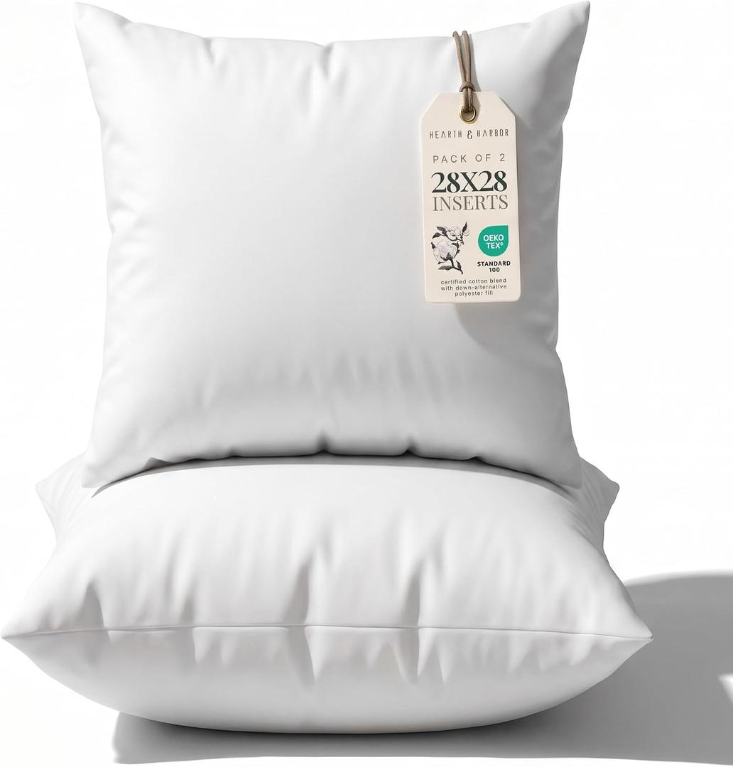 Hearth & Harbor 28x28 Pillow Inserts Set of 2 – Square Throw Pillow Insert for Bed, Sofa & Couch – Soft, Fluffy & Supportive White Decorative Cushion Insert