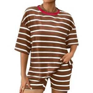 Shorts Sets Women Striped Outfits Oversized T Shirts 2025 Striped Lounge Wear Summer Outfits Tracksuit (Brown, L)