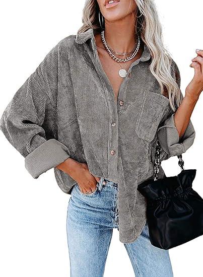 MIHOLL Womens Corduroy Button Down Shirts Casual Long Sleeve Jacket Oversized Boyfriend Blouses Tops with Pockets XXL