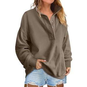 ANRABESS Womens Oversized Sweatshirt Long Sleeve Henley Pullover Tops 2026 Spring Casual Button Loose Fit Teens Outfits (Medium, Brown)