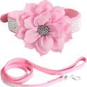 BRT Bearingshui Bling Rhinestone Leather Dog Collar and Leash Set, Soft Leather Sparkling Pink Dog Collar with Flower for Female Dogs, XS