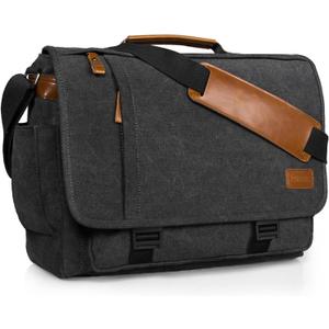 ESTARER Messenger Bag 17-17.3 Inch, Men's Computer Satchel Water-resistant Canvas, Teacher Laptop Briefcase for Work Office College, Dark Grey