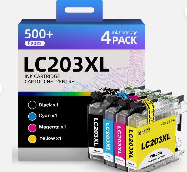 Skydo LC203XL Ink Cartridges 4 Pack Replacement for LC203 XL LC 203 Color Inks Use for MFCJ480DW MFCJ4420DW MFCJ880DW MFCJ885DW MFCJ680DW (BK/C/M/Y)