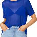 Rooscier Women's Sheer Mesh Short Sleeve Round Neck See Through Sexy Blouse Shirt Top Size L (Royal Blue)
