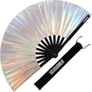 SoJourner Bags Rave Fan - Large Folding Fan - Clack Fan Hand Fan for Raves, Halloween, Burlesque, Rainbow Outfits for Women & Festival Accessories (Silver)