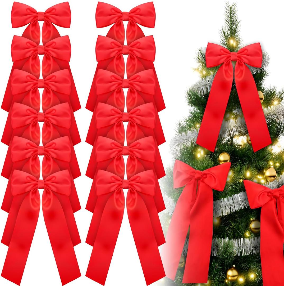 12 Pcs Large Red Christmas Bows for Tree Wreath Staircase 9 x 13 Inch Satin Christmas Tree Topper Decorative Bows Ornaments for Xmas Garland Fireplace Indoor Outdoor Holiday Party Decorations