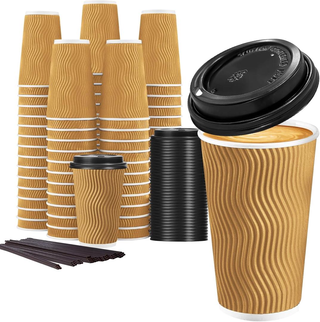 Lamosi 16 oz Disposable Coffee Cups with Lids, 50 Pack Insulated Hot Cups To Go Paper Coffee Cups with Lids and Straws, Corrugated Ripple Wall Cup for Hot Drink, Office, Coffee Bar (Champagne)