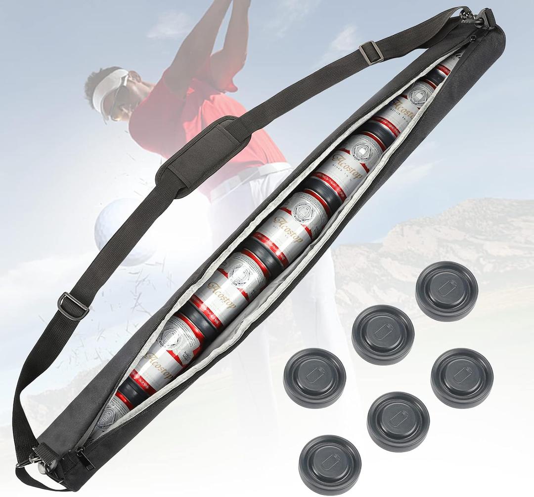 Upgraded Golf Beer Sleeve with 6 Ice Pucks-7 Cans Beer Cooler Sleeves for Golf Bags, Ideal Men's Gift for Father's Day (Black)