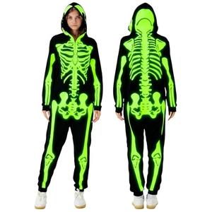 Wish Care Adult Women Glow in the Dark Skeleton Costume, Zip Up Hooded Mens Skeleton Onesie Jumpsuit for Halloween Costume,  Size L
