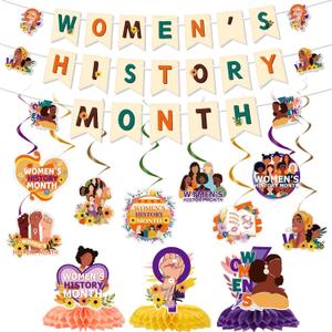 Women's History Month Party Decorations, Womens History Month Banner Hanging Swirls Kit Wall Decor, Mother's Day Honeycomb Centerpieces Table Holiday Decorations Supplies