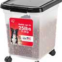 IRIS USA Airtight Dog Food Storage Container, WeatherPro, Up to 25 lbs, Removable Wheels, for Dog Cat Bird and Other Pet Food Storage Bin, Keep Fresh, Translucent Body, Made in USA, Clear/Black