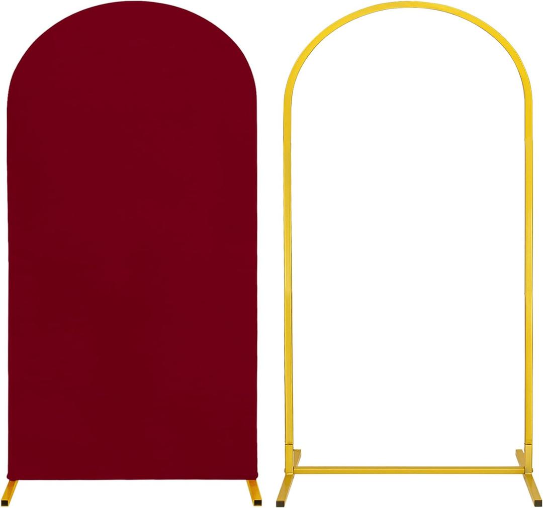 Metal Arch Stand and Cover Set,1 Burgundy Spandex Fitted Backdrop with 1 Gold Wedding Arched Stand Frame for Parties Birthday Baby Shower Bridal Banquet Decoration (6.6FT)
