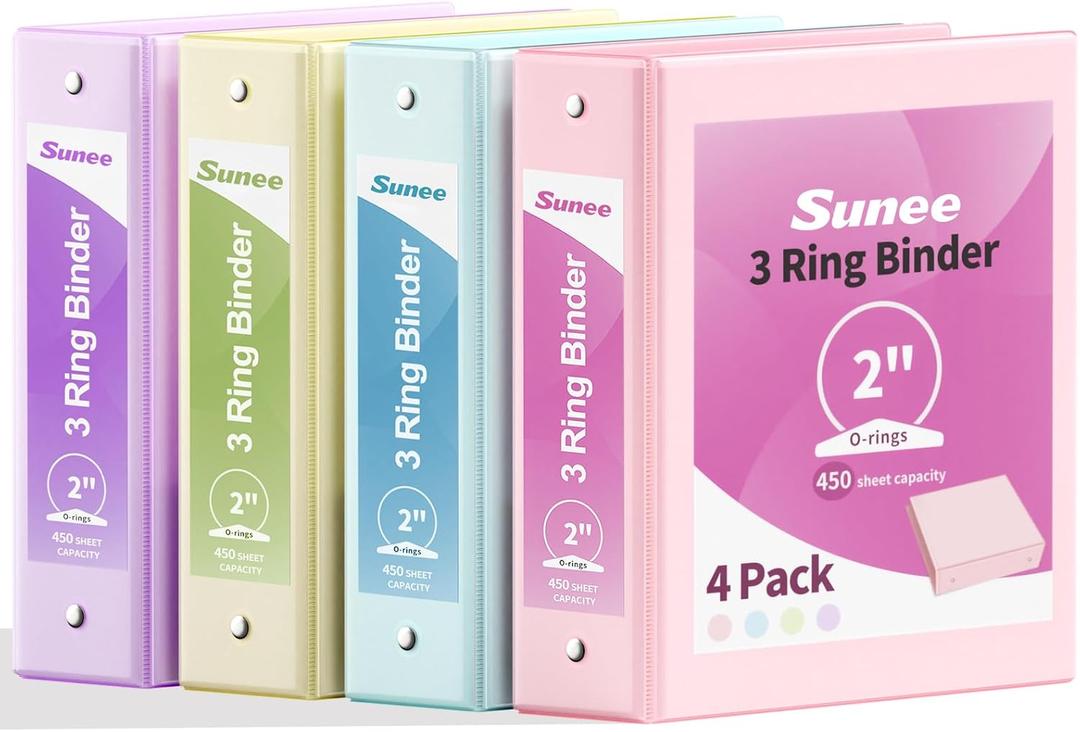 SUNEE 3 Ring Binders 2 Inch 4 Pack, Clear View Binder Three Ring PVC-Free (Fit 8.5x11 Inches) for School or Office Supplies, Assorted Pastel