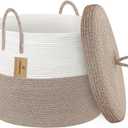 18" X18“ X 14" Large Storage Basket with Lid, Blanket Basket Living Room, Woven Cotton Rope Storage Box, Lidded Kids Dog Toy Bin, Wicker Laundry Basket, Blankets Pillows Organizer Holder