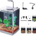 Nano Desktop Betta Aquarium 2.7 Gallon Glass Fish Tank Set, Hidden Bottom Filtration System Self Cleaning Filter Light Gravel Plant Cleaning Tool, for Small Space Easy Setup Space-Saving Design