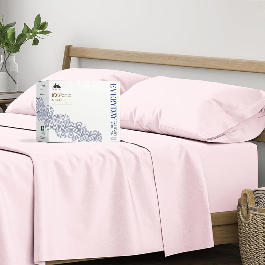 Mayfair Linen 100% Organic Cotton Sheets Queen Size - 4 PC Organic Cotton Queen Size Percale Weave Sheet Set, Soft, Cooling, Crisp & Breathable, 16" Deep Pocket Hotel Quality Bedding Set - Blush