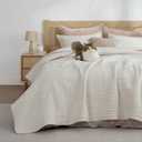 BEDELITE Velvet Quilt Set King Size, Luxury Velvet Comforter for All Season, Lightweight Soft Quilted Bedding Set, Striped Channel Oversized Bedspread Coverlet with 2 Pillow Shams, Ivory White