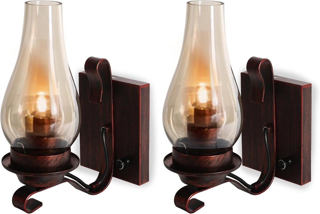Wall Sconces Plug in Set of 2 Dimmable Rustic, Red Bronze Vintage Glass Wall Light, Retro Farmhouse Industrial Bedside Wall Lamps for Bedroom,Living Room,Hallway,Wall Mount Home Lighting