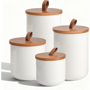 White Ceramic Canister Set with Bamboo Lids, 4-Piece Airtight Food Storage Jars for Kitchen Flour, Sugar, Coffee, Tea, Spice Smaller, Small, Medium, Large Sizes