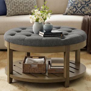 SONGMICS Storage Ottoman with Solid Wood Frame, Round Upholstered Ottoman Coffee Table, Footrest, Tufted Cushion, for Living Room, Easy Assembly, 31.5 x 31.5 x 17.7 Inches, Slate Gray ULSF053GN01