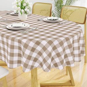 Smiry Oval Table Cloth, Waterproof Vinyl Tablecloths with Flannel Backing, Wipeable Buffalo Plaid Table Cover for Picnic, Indoor and Outdoor (Khaki & White, 60"x102")