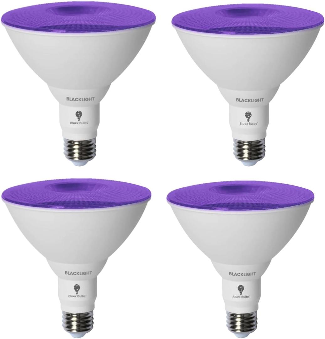Bluex Bulbs 4 Pack PAR38 LED Black Light Bulb, 20W (200Watt Equivalent) E26 Blacklight Bulb Level 385400nm, Body Paint, Glow in The Dark Party LED Light Bulb Neon Glow Fluorescent Poster