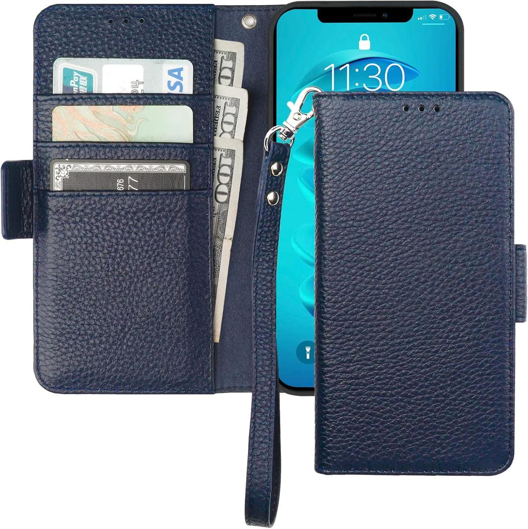 Bocasal Wallet Case for iPhone 14 Pro 5G, Genuine Leather Support Wireless Charging RFID Blocking Flip Case Card Slots Holder, Kickstand Book Folding Folio Cover with Wrist Strap 6.1 Inch(Royal Blue)