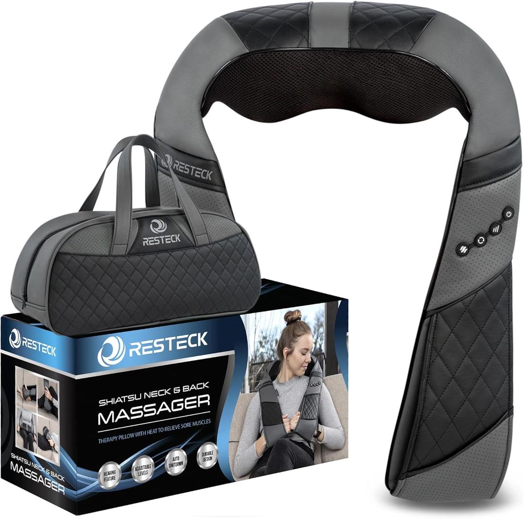 RESTECK Massagers for Neck and Back with Heat - Deep Tissue 3D Kneading Pillow, Electric Shiatsu Shoulder Massage, Foot, Legs, Body - Relieve Muscle Pain - Office, Home & Car (Black/Grey)