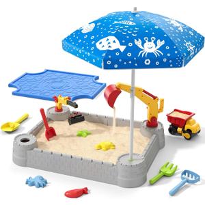 HYES Sandbox with Lid, Digger Excavator Plastic Sand Box with Cover, Play Sand Pit with Construction Toys/Umbrella/Beach Playset for Toddlers 1-3, Indoor Outdoor Sensory Gift for Kids Ages 4-8