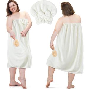 Xtinmee 2 Sets Womens Wrap Towel with Hair Towel Bath Towel Wrap Shower Dress Towel Spa Wraps for Women's Bathrobe (White, Plus Size)