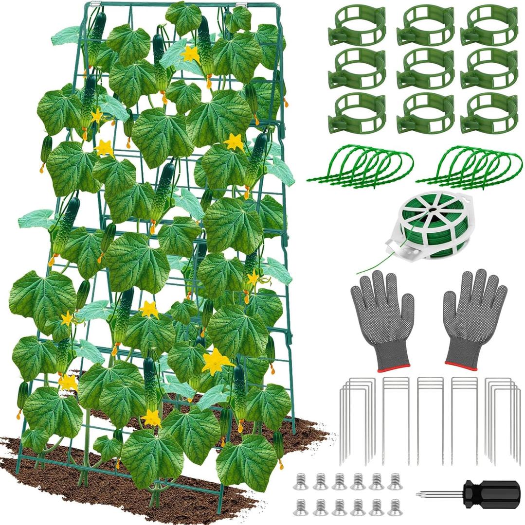 Cucumber Trellis for Raised Garden Bed, Outdoor Sturdy Metal A-Frame Cucumber Trellis Support for Climbing Plants Vegetables and Fruits with Accessories, Easy installation and Easy Harvesting