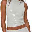MakeMeChic Women's Sparkly Sequin Tops Y2k Sleeveless Crop Going Out Rave Tops Clubwear (Large)