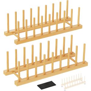 Bamboo Dish Drying Rack, 2 Pack Wooden Storage Holder Organizer for Plate/Bowl/Cup/Book/Pot/Lid/Cutting Board Drying Rack Stand Holder