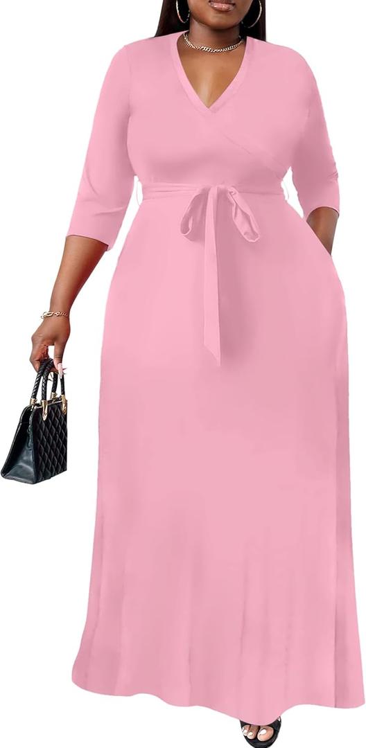 Nmoder Plus Size Maxi Dress for Women - Summer Casual 3/4 Sleeve Floral Flowy Long Dress with Belt XL- 6XL (4X-Large, Light Pink)