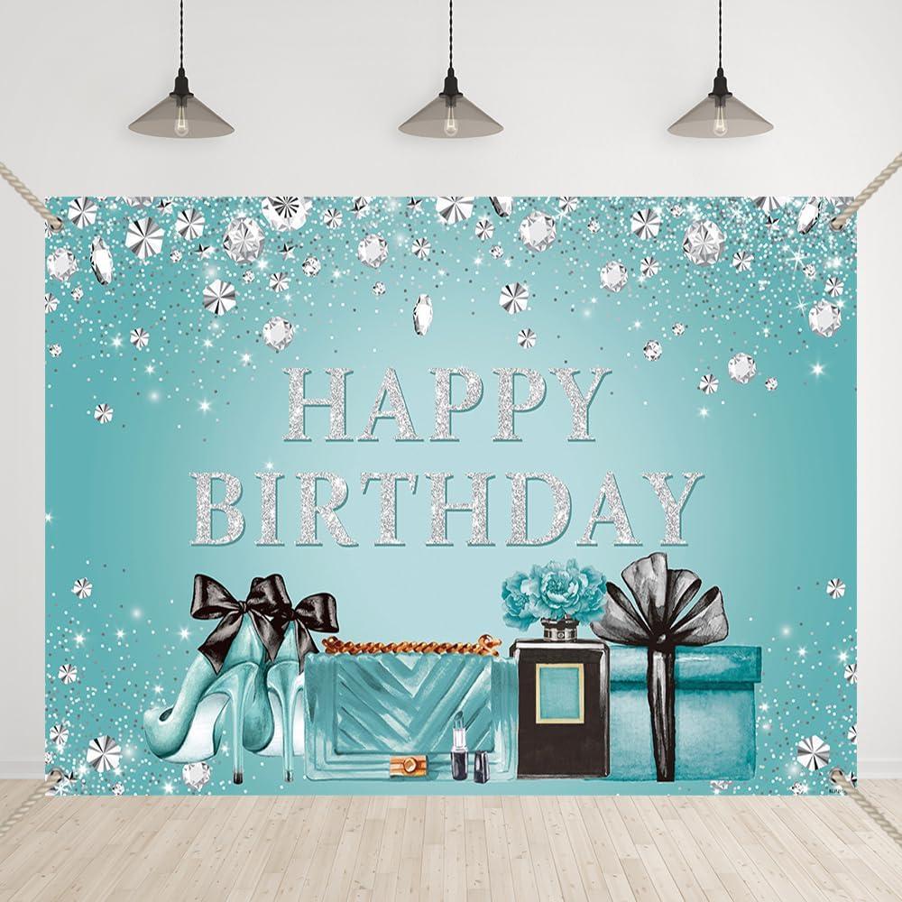 Teal Birthday Backdrop for Girls Women Turquoise and Silver Birthday Party Background Breakfast Blue Cake Smash Diamond High Heel Sweet 16 21 Photography Banner with Copper Grommets