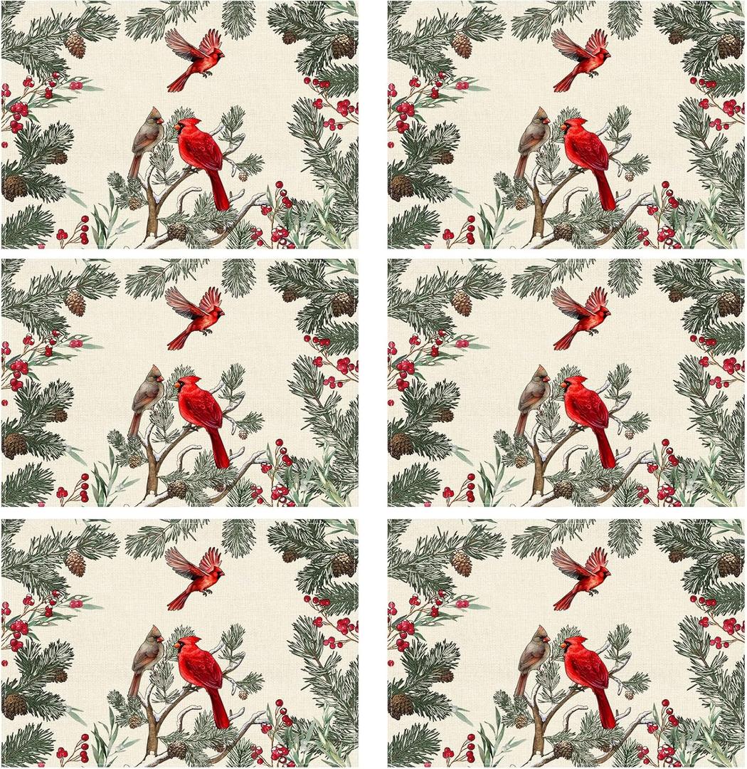 XCHI Cardinal Birds Winter Pine Tree Christmas Xmas Placemats Set of 6 Table Mats for Party Home Kitchen Dining Table Decorations 12x18 Inch