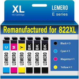 LEMERO Remanufactured for 822XL Ink Cartridges Replacement for Epson 822 822 XL Ink Combo Pack for Workforce Pro WF-3820 WF-3823 WF-4820 WF-4830 WF-4833 Printer (3 Black 1 Cyan 1 Magenta 1 Yellow)