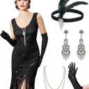 YESSA Flapper Dresses 1920s Gatsby Dress for Women Roaring 20s Costumes Fringed Sequin Cocktail Dress with 20s Accessories (Black) L
