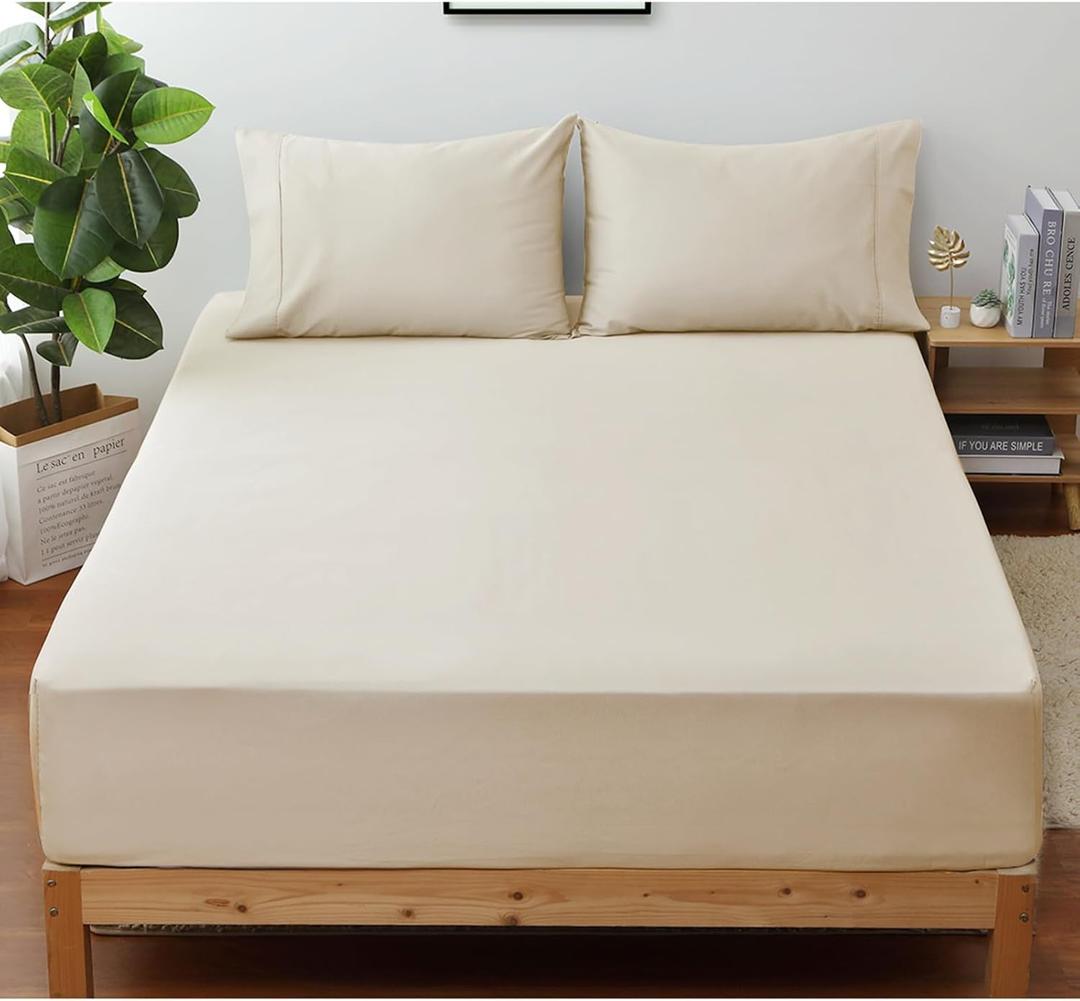 Shunjie.Home 100% Egyptian Cotton 400 Thread Count King Size Sateen Fitted Sheet Only, Deep Pocket for 15" Mattress, Luxuriously Soft, Durable, and Breathable Bed Linen for Ultimate Comfort (Beige)