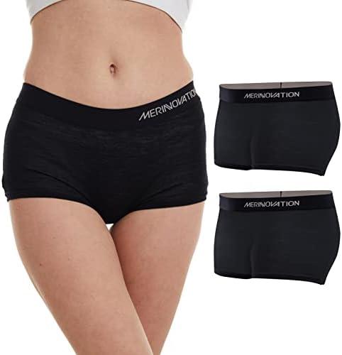 MERINNOVATION 100% Merino Wool Boxer Briefs for Women 2 Packs Underwear Boy Shorts Everyday Weight Breathable Anti-Odor L