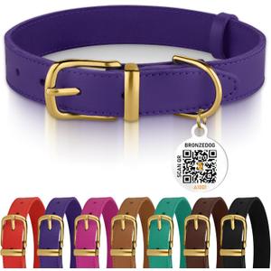BRONZEDOG Leather Dog Collar with Metal Buckle Durable Basic Pet Collars for Small Medium Large Dogs (11-13 Inch (Pack of 1), Purple & Gold Buckle)