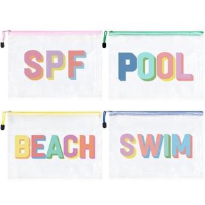 SOIDRAM 4PCS Beach Makeup Bags SPF Cosmetic Bags for Women Girls Summer Varsity Zipper Pouch Clear Waterproof Beach Toiletry Organizer Trendy PVC Makeup Bag for Travel Sandproof Essential
