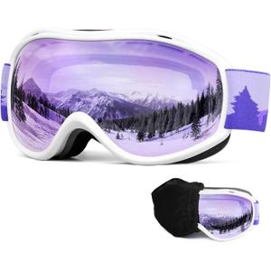 FMY Ski Snowboard OTG Goggles,Anti Fog UV400 Protection Skiing Snowmobile Goggles for Men Women Youth (White Frame/Purple Lens(vlt 61%))