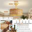 Boho Fandelier Ceiling Fans with Lights, Rattan Chandelier Fan Gold Caged Ceiling Fan with Light Remote, Flush Mount Chandelier Ceiling Fan with 6 Speeds Fandelier for Bedroom, Living Room,Kitchen, 17.7inch