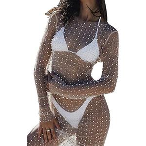 Willow Dance Women's Sheer Mesh Pearl Rhinestone Cover Up Beach Dress Swimwear Bikini Swimsuit Bathing Suit Coverups, Size: L