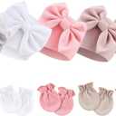 BQUBO Newborn Baby Girls Hats Mittens Set Hospital Hat Beanie Infant Bow Hats Baby Cotton Gloves for 0-6 Months
